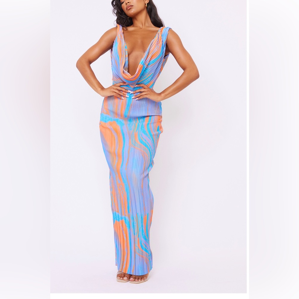 Orange Abstract Print Plisse Cowl Plunge Maxi Dress